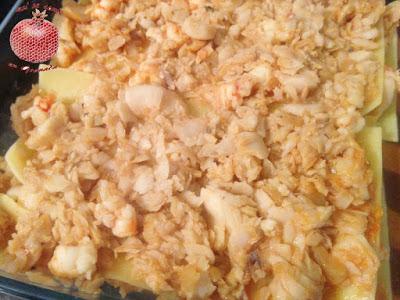 Lasaña de merluza y gambones