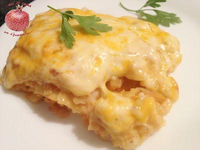 Lasaña de merluza y gambones