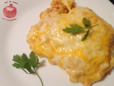 Lasaña de merluza y gambones