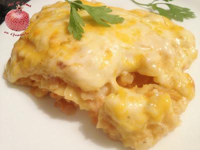 Lasaña de merluza y gambones