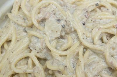 Espaguetis a la carbonara de soja con champiñones en Thermomix