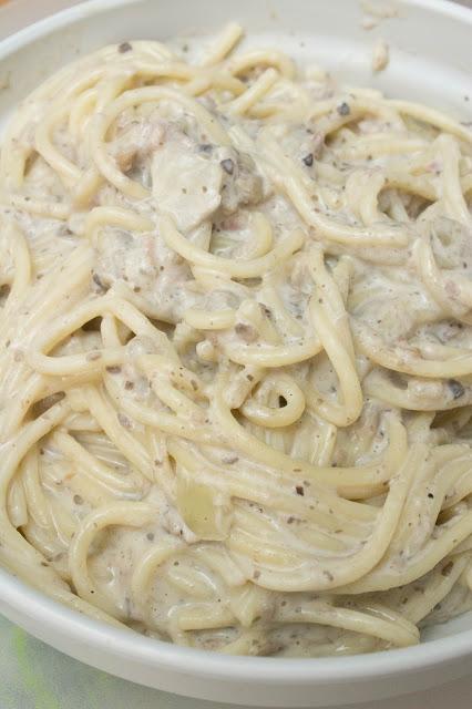 Espaguetis a la carbonara de soja con champiñones en Thermomix