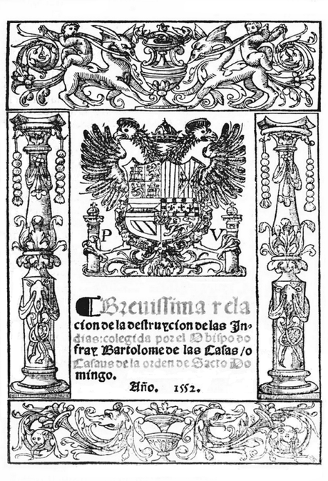 Cubierta de la primera edición de Brevísima relación de la destrucción de las Indias (1552), Bartolomé de las Casas.