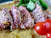 Atún rojo salsa espárragos Tonno crosta sesamo crema asparagi