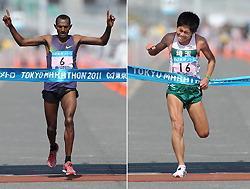 Ethiopia's Hailu Mekonnen, left, and Yuki Kawauchi, cross the line in Tokyo's Koto Ward during the Tokyo Marathon on Feb. 27. (Mainichi)