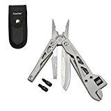 Finether-Multiherramienta Plegable de Acero Inoxidable（Multifuncional,Llave Inglesa,Alicate,Cuchillo,destornillador, abrebotellas,herramientas para uso exterior con Funda de Nilón）Plata