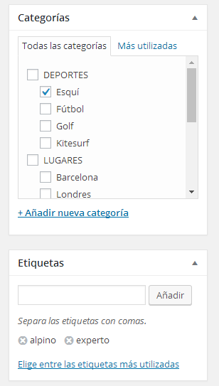 ejemplo categorias subcategorias etiquetas esqui