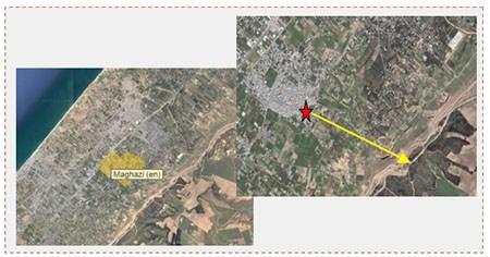 A la detrecha: Ubicación de las dos escuelas de UNRRA (estrella roja) la línea amarilla conduce al área de la valla de seguridad entre la Franja de Gaza e Israel. A la izquierda: Ubicación del campamento de refugiados Al Maghazi en el que se detectó el túnel de Hamás en el centro de la Franja (Wikimapia, 12 de junio de 2017)