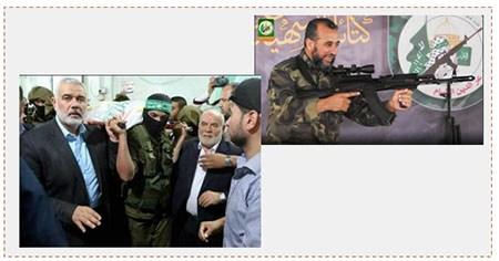A la derecha: Ibrahim Abu Naja (cuenta Twitter del brazo militar de Hamás, 8 de junio de 2017) .A la izquierda: Ismail Haniyeh, al frente de la oficina política de Hamás, y Ahmed Baher, vice presidente del Consejo Legislativo, durante el entierro en Rafiah (cuenta facebook “Ahdath Filastin, 8 de junio de 2017).