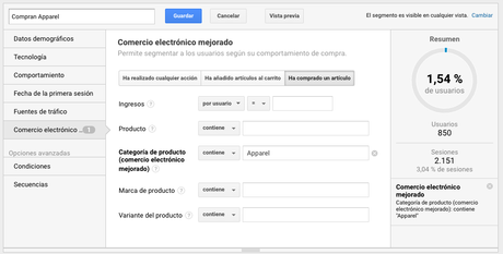Segmento de categoría de ecommerce mejorado para cross selling en Google Analytics