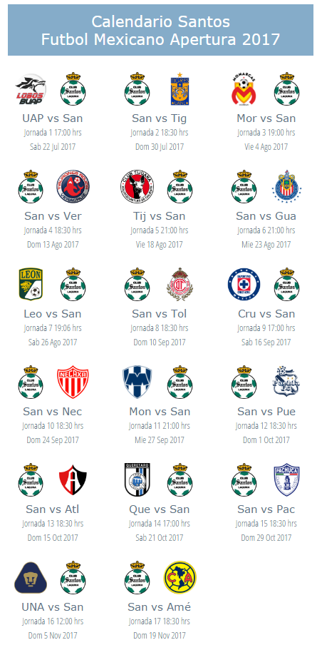 Calendario de Santos Torreon apertura 2017 futbol mexicano