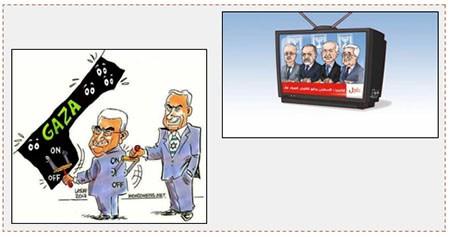 A la derecha: Caricatura de Hamás según la cual, Mahmoud Abbas, Rami Hamdallah e Israel  son socios en el empeoramiento de la crisis humanitaria de la Frnaja. En un mensaje de más abajo se lee: “El Gabinete israelí se encontró para reducir la electricidad para Gaza” (alRisala.net, 15 de junio de 2017). A la izquierda: Una caricatura según la cual Mahmoud Abbas es usado como herramiena Netaniahu para reducir la electricidad en la Franja de Gaza (página facebook al Risala.net, 16 de junio de 2017)