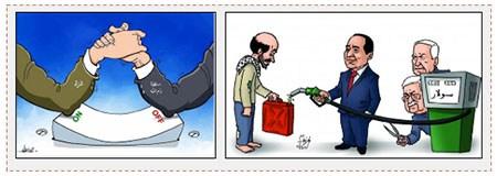 A la derecha: Una caricatura publicada por Hamás que expresa los esfuerzos de Mahmoud Abbas y del Primer Ministro de Israel Netaniahu para dificultar el abastecimiento de diesel de Egipto a la Franja (página facebook al Risala, 22 de junio de 2017). A la izquierda: Caricatura que expresa las luchas de poder entre la Autoridad Palestina y Hamás en torno a la crisis de la electricidad en la Franja de Gaza (cuenta Twitter PALINFO, 23 de junio de 2017)