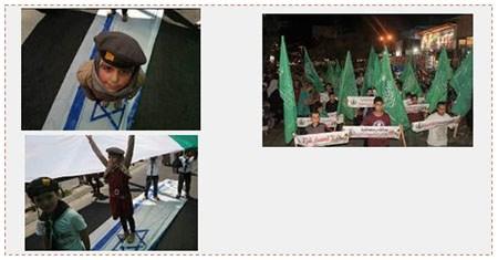 A la derecha: Procesión de Hamás en Deir al Balah en ocasión del “Día Mundial de Jerusalén” (página facebook “comunicaciones de Deir el Balah” 23 de junio de 2017). A la izquierda: Chicos vestidos con uniformes militares caminan sobre la bandera de Israel durante una procesión señalando “El Día Mundial de Jerusalén” (cuenta Twitter PALINFO, 23 de junio de 2017)