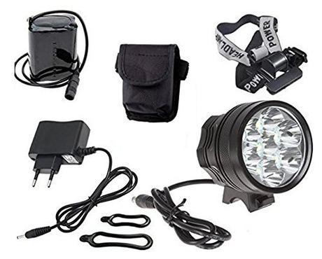 Theoutlettablet® Luz delantera - Foco frontal para Bici hasta 12000 lúmenes max Linterna LÁMPLuARA TORCH frontal 9x CREE XM-L 9x T6 LED de bicicleta /bici lámpara z LED frontal para manillar de bicicletas (9 focos) con batería, arnes de cabeza y cargador COLOR NEGRO …