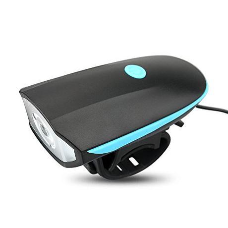 AcTopp Timbre para Bicicleta+LED Faro Delantero/Foco Frontal de Ciclismo/Luz Delantera de Bici 250Lm CREE 3 Modos de Luz Batería Recargable (Cable USB Incluído) Alto DB Ciclismo Color Negro+Azul/Verde