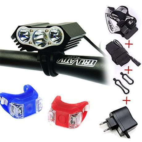 LED Luz de la bicicleta bici Linterna LáMPARA TORCH frontal Cabeza 3x CREE XM-L U2 /Cree 3X lúmenes LED de bicicleta /bici lámpara Luz LED frontal para manillar de bicicleta bicicletas (3 focos, 4 modos) con 4x16850 batería y cargador & 2 x Luz Luces L ámpara Trasera para Bici Bicicleta
