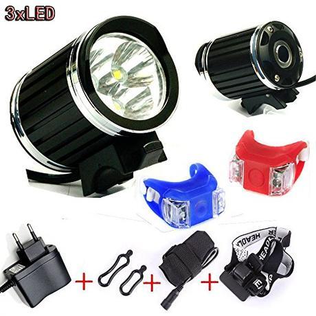 Wii Fire Linterna Lámpara Frontal Cabeza Cree XM-L T6 3 LED 4200LM Luz Blanco Camping,con 2 x Luz Luces Lámpara Trasera para Bici Bicicleta