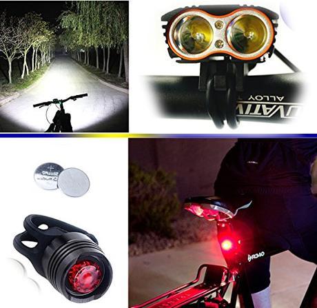 Wii Fire Linterna LáMPARA para bicicletas bici CREE XM-L U2 - Luz LED frontal para manillar de bicicleta (2 focos, 5000 Lumens, 4 modos) con 2 x Luz Luces Lámpara Trasera para Bici Bicicleta