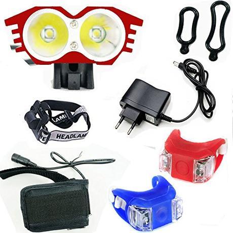 LED Linterna LáMPARA para bicicletas bici CREE XM-L U2 - Luz LED frontal para manillar de bicicleta (2 focos, 5000 Lumens, 4 modos) con Llavero Linterna (rojo) & 2 x Luz Luces Lámpara Trasera para Bici Bicicleta