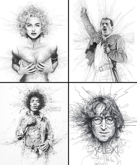 Vince Low, La Dislexia y El Arte del Garabato Retratos Madonna Freddie Mercury Jimi Hendrix John Lennon