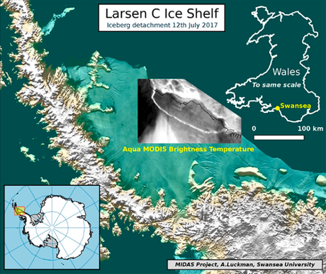 Mapa del fragmento de Larsen C superpuesto con un equipo termal de la NASA