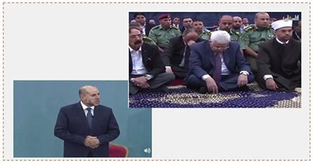 A la derecha: Mahmoud Abbas durante la oración del viernes en la mezquita de Mukata en Ramallah. A la izquierda: Mahmoud al Batash ofrece el sermón (página facebook de Fatah, 14 de julio de 2017)