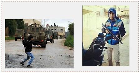 Los dos muertos en Jenin: A la derecha: Saad Salah (página facebook de WAFA, 12 de julio de 2017). A la izquierda: Eus Salamah arroja piedras hacia las fuezas de Tzáhal en el campamento de refugiados Jenin (página facebook oficial del moivmiento Fatah, 113 de julio de 2017)