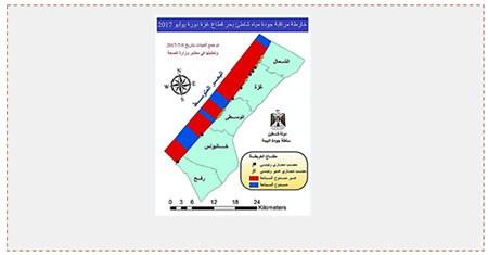 Mapa de las playas de la Franja permitidas (en azul) y prohibidas (en rojo) para la natación. Publicación de la Autoridad para la Calidad del Entorno en la Franja (sitio de la Autoridad para la Calidad del Entorno en la Franja, 16 de julio de 2017)