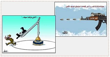 Caricaturas publicadas por Hamás después del atentado. A la derecha se lee: “Acción de sacrificio en Jerusalén en respuesta a las invasiones de los residentes de los asentamientos a la mezquita al Aqsa” (cuenta Twitter PALINFO, 14 de julio de 2017).A la izquierda se lee: “Para quien dio nuestra bendición a su entorno” fragmento del primer parágrafo de la Sura al Asra (Sura 17). (Referencia a la mezquita al Aqsa. (Filastin, 15 de julio de 2017). Cada Sura es un capitulo del Korán n.t.