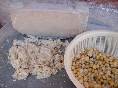 Probando tamales de maíz pelado