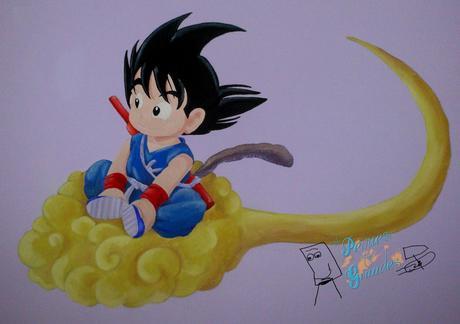 Pintura en pared para cuarto infantil: Goku pequeño en su nube