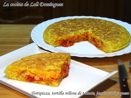 Tortipizza, tortilla rellena de tomate, jamón york y queso