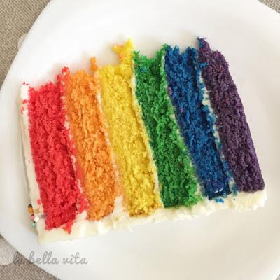 Trozo de tarta arco iris o rainbow cake