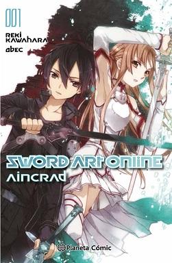 Portada de la novela Sword Art Online: Aincrad, en la que se ve a Kirito vestido de negro juto a Asuna, de blanco y rojo.