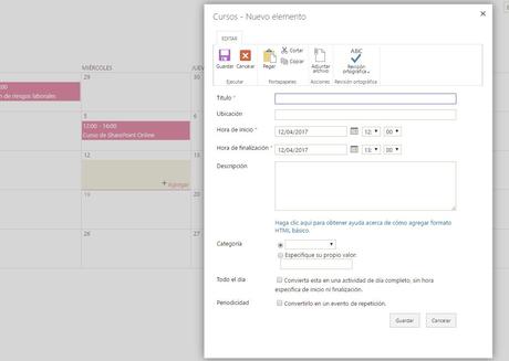 sharepoint online añadir evento