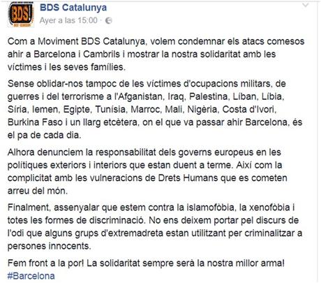 La más miserable, despreciable, ruin, abyecta, infame, mezquina e indigna nota de condena del atentado de Barcelona: BDS Cataluña.