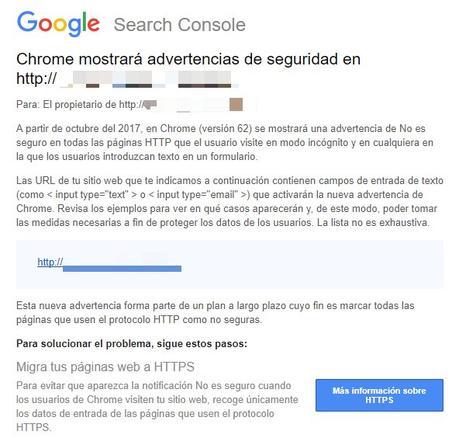 la notificacion que google envia a las webs sin https