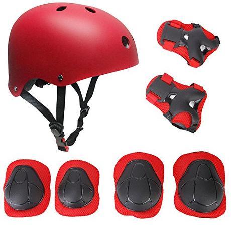 Protecciones Patinaje Bicicleta Infantil, SKL Casco Rodilleras y Coderas Con Muñequeras Para Niños Niñas Tamaño Ajustable (Rojo)