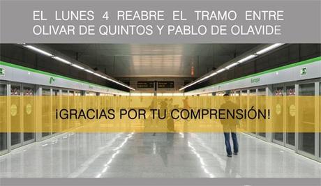 Metro de Sevilla reiniciará el tráfico de trenes entre Olivar de Quintos y Pablo Olavide el próximo lunes