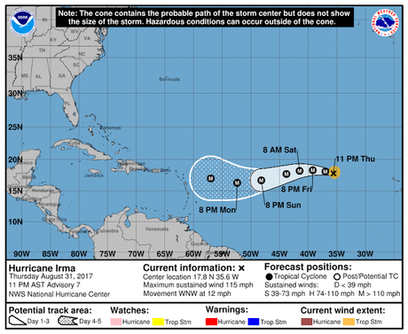 Huracán Irma sigue en categoría tres en su ruta al Caribe.