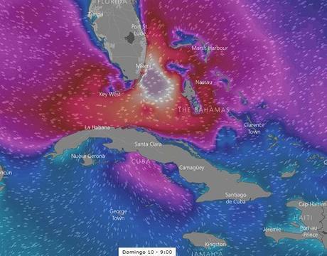  El domingo las inundaciones costeras pueden extenderse hacia el occidente de Cuba. Imagen: Windy/ Modelo ECMWF.