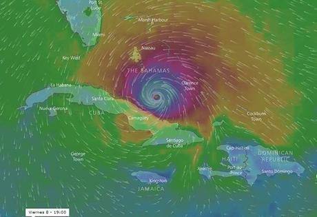 Posible posición de Irma el viernes a las 19:00 horas y la influencia de sus vientos. El radio con vientos de tormenta tropical es de 280 km. Imagen: Windy. 