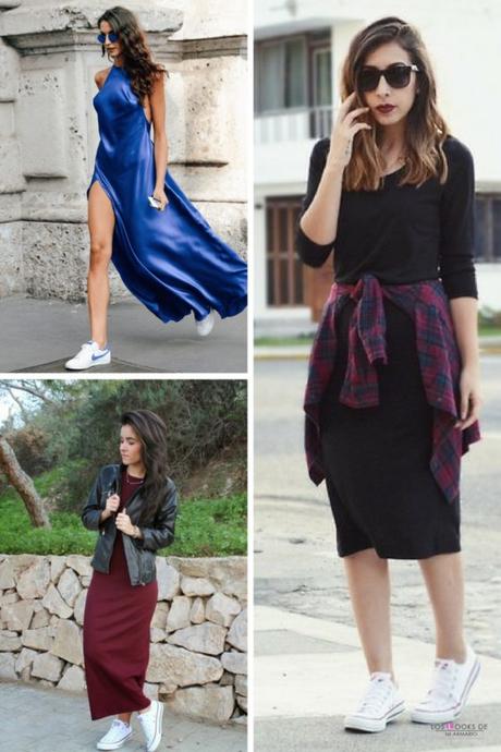 vestido largo y zapatillas looks inspiracion con vestido largo maxi dress y zapatillas de deporte sneakers para outfits de otoño invierno