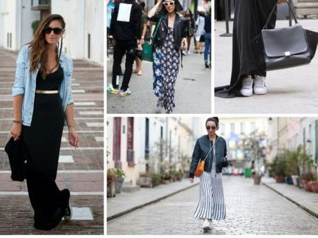 vestido largo y zapatillas looks inspiracion con vestido largo maxi dress y zapatillas de deporte sneakers para outfits de otoño invierno