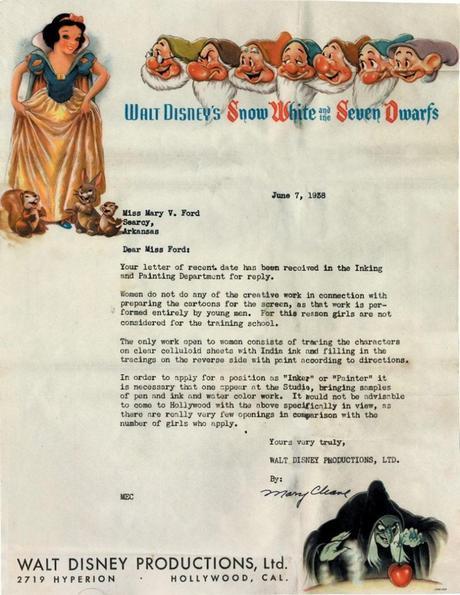 La carta de Disney de 1938 donde rechaza una solicitud de empleo por tratarse de una mujer