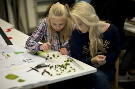 Young Norwegian girls building a model