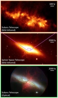 Fuertes vientos galácticos levantan el polvo de M82