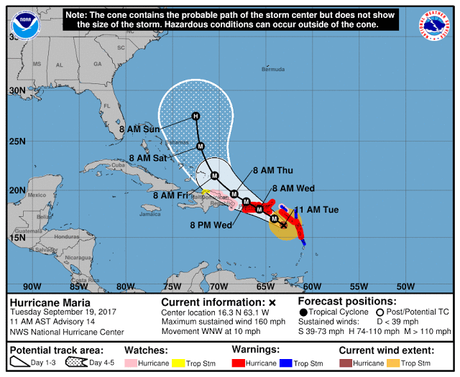 A las 11 de la mañana huracán María se mantenía invariable en su ruta.
