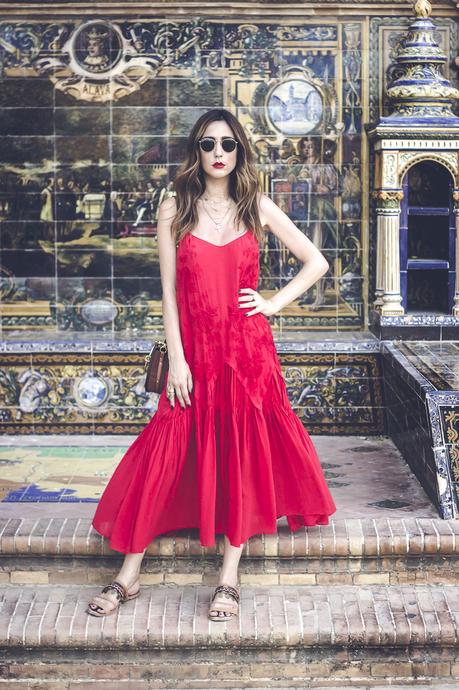 RED EMBROIDERED MIDI DRESS